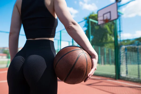 Girl Holds Basketball One Hand Basketball Court — Stock Photo, Image