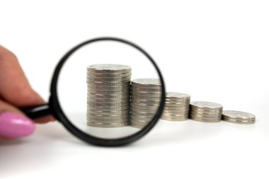 Elinde büyüteç ve beyaz arka planda bir yığın bozuk para olan bir el. Yatırım sektörü büyüme konsepti. Para yatırımı konsepti. emeklilik kavramı.