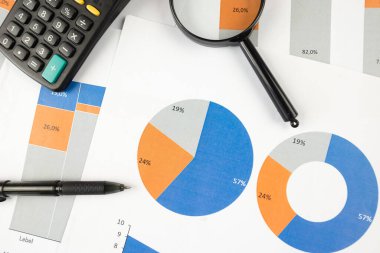 İş grafikleri, çizelgeler ve hesap makinesi masada. Mali kalkınma, Bankacılık Hesabı, İstatistikler
