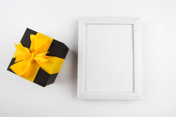 Top View Photo Gift Box White Wooden Frame Empty Space — Stock Photo, Image