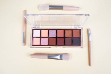 Makyaj fırçaları ve gölgeler. Profesyonel makyaj aletleri. Boşluğu kopyala.