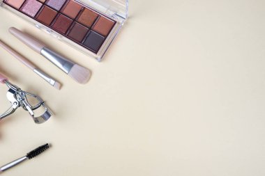 Makyaj fırçaları ve gölgeler. Profesyonel makyaj aletleri. Boşluğu kopyala.