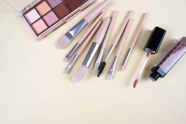 Makyaj fırçaları ve gölgeler. Profesyonel makyaj aletleri. Boşluğu kopyala.