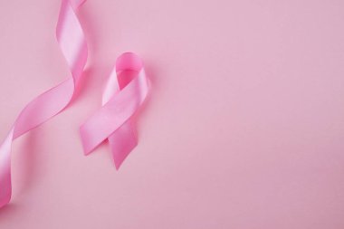 Göğüs kanseri farkındalığı pembe kurdele. Ekim 'in pembe sembolü. Hastalığı önleme ay pankartı konsepti.