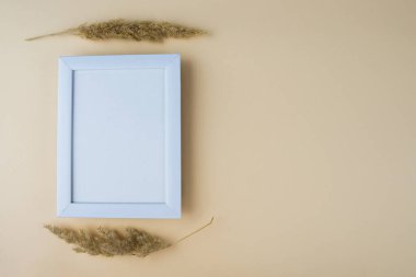 Bej arka planda boş beyaz fotoğraf çerçevesi. Uzayı kopyala Metin için yer.