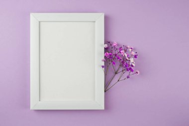 Mor pastel arka planda çiçeklerle süslenmiş fotoğraf çerçevesi. Metin için boş alan. Kopyalama alanı olan bir model. Düz yatıyordu. Beyaz fotoğraf çerçevesi, afiş. Kartpostal, Anneler Günü, 8 Mart.