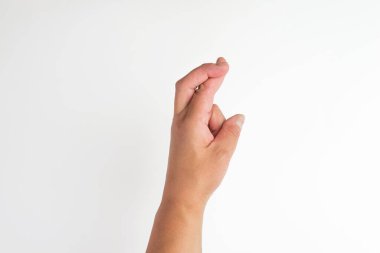 jest, beyaz arka planda elle izole edilmiş kırpma yolu da dahil. Kadın eli beyazın üstünde.