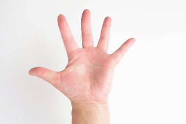 jest, beyaz arka planda elle izole edilmiş kırpma yolu da dahil. Kadın eli beyazın üstünde.