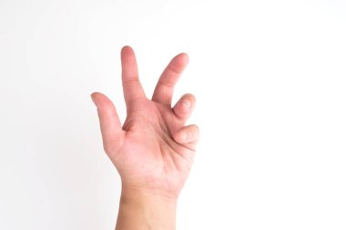 jest, beyaz arka planda elle izole edilmiş kırpma yolu da dahil. Kadın eli beyazın üstünde.