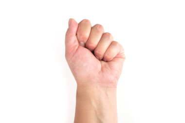 jest, beyaz arka planda elle izole edilmiş kırpma yolu da dahil. Kadın eli beyazın üstünde.