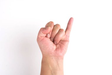 jest, beyaz arka planda elle izole edilmiş kırpma yolu da dahil. Kadın eli beyazın üstünde.