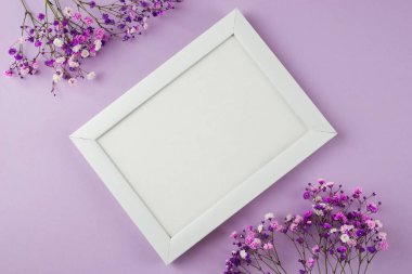 Mor pastel arka planda çiçeklerle süslenmiş fotoğraf çerçevesi. Metin için boş alan. Kopyalama alanı olan bir model. Düz yatıyordu. Beyaz fotoğraf çerçevesi, afiş. Kartpostal, Anneler Günü, 8 Mart.