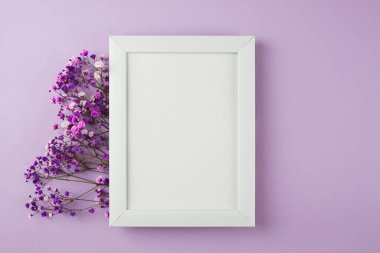 Mor pastel arka planda çiçeklerle süslenmiş fotoğraf çerçevesi. Metin için boş alan. Kopyalama alanı olan bir model. Düz yatıyordu. Beyaz fotoğraf çerçevesi, afiş. Kartpostal, Anneler Günü, 8 Mart.