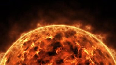 Siyah uzayın arka planında yıldızlarla plazma hareketi yapan güneş atmosferinin animasyonu. Yakın çekim güneş atmosferi, uzay atmosferi