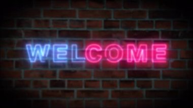 Tuğla duvar arkaplanındaki neon mesajına hoş geldiniz. Bar, kulüp, restoran reklamı. Reklam panosu, reklam panosu, panosu, ekran ya da tabela. İç veya dış tasarım ögesi, dekorasyon.