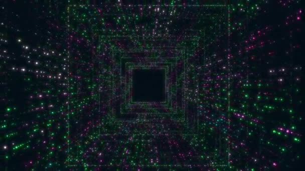 モーショングラフィック4Kは デジタル技術トンネルへの飛行のシームレスなループ 3Dレンダリング バイナリコード粒子ネットワーク — ストック動画
