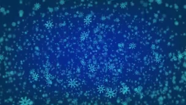 Πολλές Μπλε Νιφάδες Χιονιού Πέφτουν Σκούρο Μπλε Φόντο — Αρχείο Βίντεο