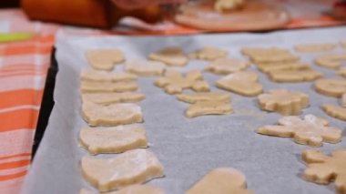 Pastada zencefilli hamur kalıpları olan parşömene dikkatle odaklan. Noel pastası ve kurabiye. Şenlikli aşçılık ve pişirme konsepti. Ev yapımı tatlı tatlı.