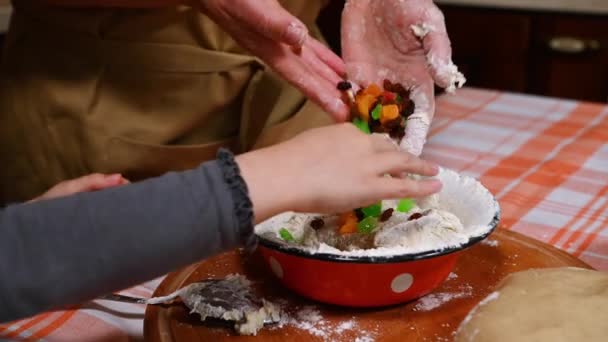 Close Pouring Candied Fruits Bowl Dough Mom Daughter Preparing Traditional — Stock Video