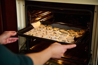 Pasta şeflerinin elleri, çeşitli şekillerde zencefilli kurabiyeleri sıcak fırına yerleştirip geleneksel tariflere göre nefis ev yapımı Noel kurabiyeleri hazırlıyorlar.