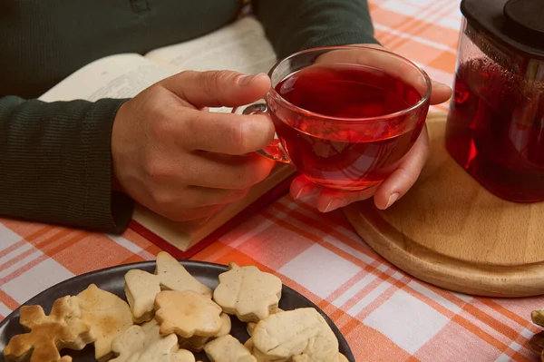 Close-up of womans hands holding a glass cup with hot hibiscus drink, while a tea time with homemade gingerbread cookies. Christmas mood. Enjoy reading book in cozy home atmosphere. Winter holidays
