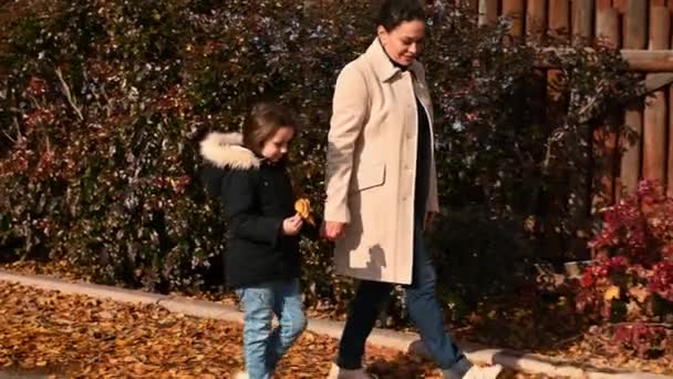 Mujer Multiétnica Con Abrigo Lana Beige Una Madre Feliz Linda — Vídeos de Stock