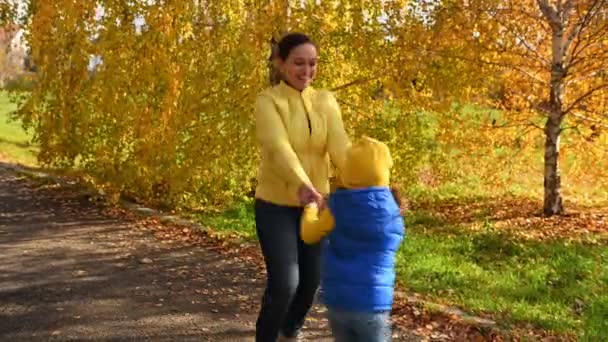 Mãe Filha Circulando Mãos Dadas Enquanto Caminham Parque Outono Mulher — Vídeo de Stock