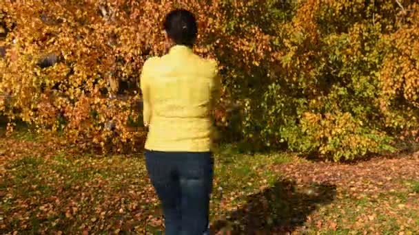 Feliz Madre Hija Caminando Parque Otoño Con Hojas Naranjas Caídas — Vídeos de Stock