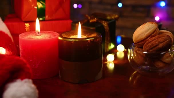 Close Lit Decorative Red Green Festive Candles Fire Flame Wooden — Stock Video