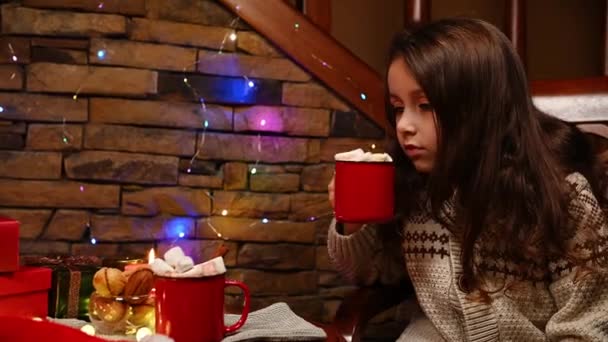 Retrato Uma Menina Adorável Bebendo Cacau Quente Com Marshmallows Ambiente — Vídeo de Stock