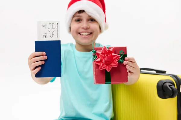Foco Seletivo Cartão Embarque Bilhete Avião Passaporte Presente Natal Nas — Fotografia de Stock