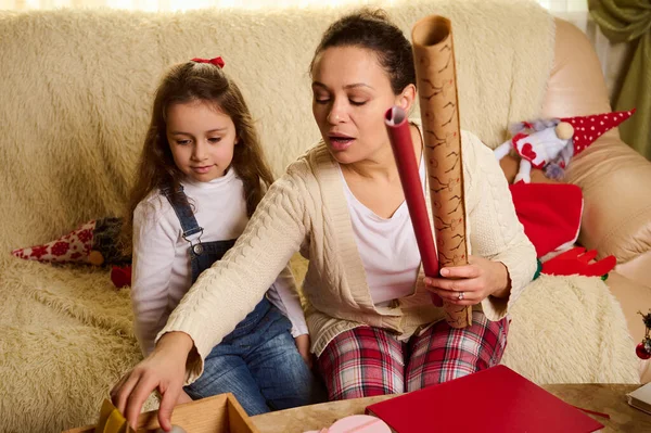 Loving Mom Daughter Enjoy Upcoming Winter Holidays Packing Unwrapping Christmas — Stock Photo, Image