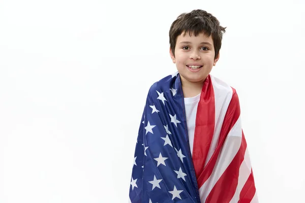 Isolated Portrait White Background Happy American Teenage Boy Usa Flag — Stock Photo, Image