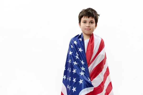 Confident American Citizen Patriotic Teenage Boy Wrapping Usa Flag Independence — Stock Photo, Image