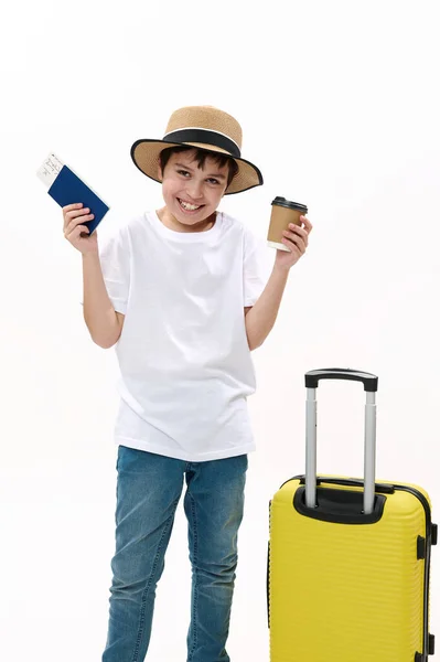 Teenage Boy Excited Summer Vacation Trip Joyful Teenager Travel Bag — Stock Photo, Image
