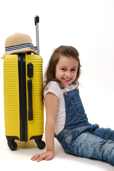 Caucasian Mischievous Little Girl Passenger Wearing Blue Denim Overalls Bright — Stock Photo, Image