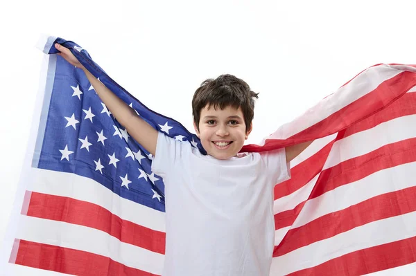 Multiethnic Happy Patriotic Preteen Child Boy Smart Teenager Smiling Cheerful — Stock Photo, Image
