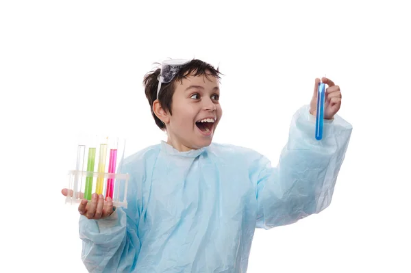Caucasian Smart Nerd Schoolboy Lab Coat Holds Tripod Test Tubes — Stock Photo, Image