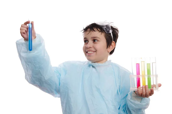 Smart Schoolboy Protective Laboratory Uniform Holding Tripod Test Tubes Inspecting — Stock Photo, Image