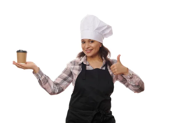Barista Wanita Yang Ramah Bartender Pelayan Mengenakan Topi Koki Putih — Stok Foto