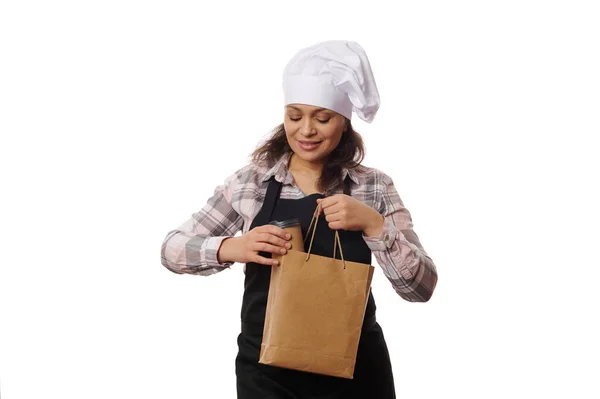 Camarera Camarera Camarera Camarera Amable Mujer Vestida Con Sombrero Chef —  Fotos de Stock