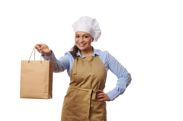 Mujer Adorable Camarera Pastelera Chef Panadero Camisa Casual Azul Delantal —  Fotos de Stock