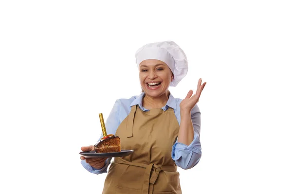 Mujer Feliz Ama Casa Chefs Sombrero Delantal Sonriendo Una Alegre — Foto de Stock