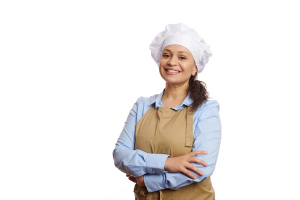 Alegre Pastelera Pastelera Cocinera Camarera Con Sombrero Delantal Sonriendo Una — Foto de Stock