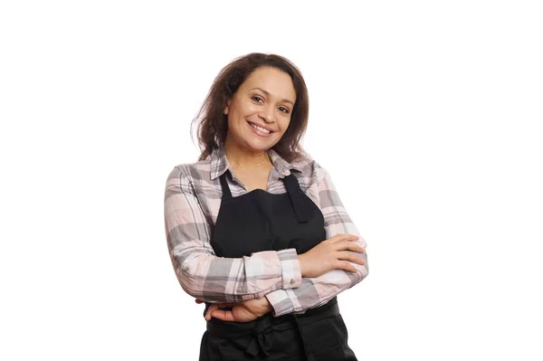 Retrato Una Cantinera Latinoamericana Alegre Camarera Camarera Delantal Chefs Negros — Foto de Stock