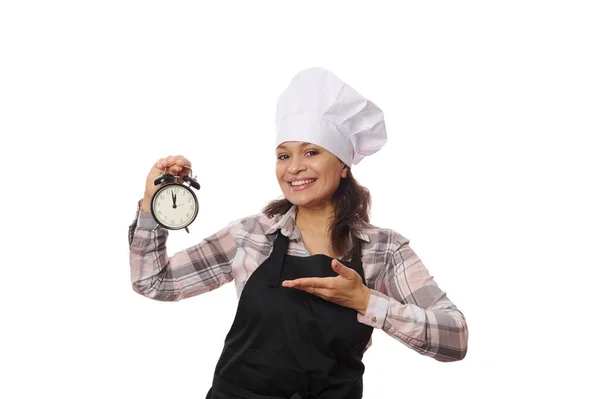 Charming Woman Waitress Chef Confectioner White Hat Black Apron Smiles — Stock Photo, Image
