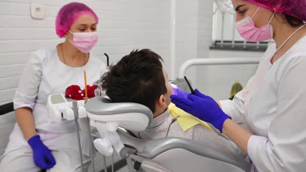 Female Dentist Hygienist Examining Teeth Gums Child Boy Sitting Dentist — Video