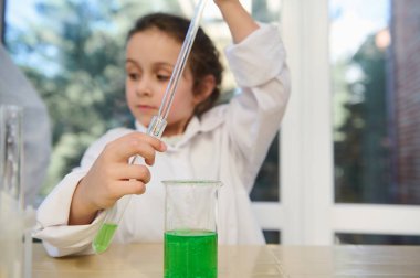 Details: graduated pipette and test tube with chemical liquid in the hands of a blurry primary schoolgirl, doing experiment in school laboratory. Lab glassware. Education. Science. Chemistry class