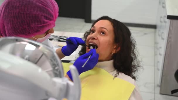 Confident Multi Ethnic Middle Aged Woman Getting Dental Checkup Dentistry — Video Stock