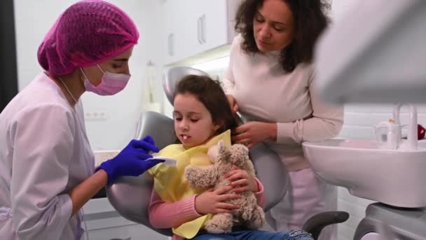 Caring Female Dentist Hygienist Consulting Little Child Girl Oral Hygiene — Wideo stockowe